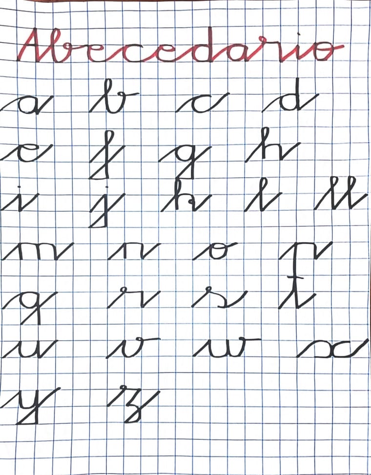 Muestra de las letras minúsculas de la escritura institucional de Mundial sobre cuadrícula